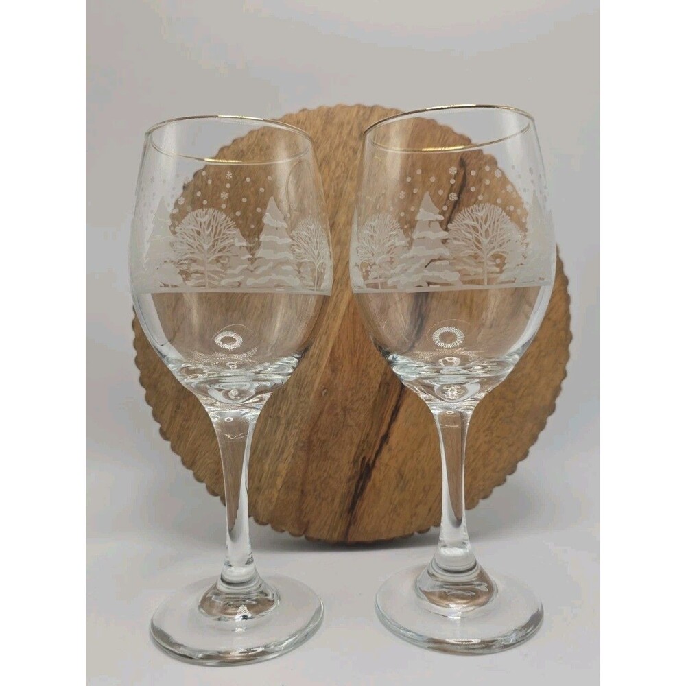 Vintage Libbey Arby's Winter Wonderland 8.25" Wine Glasses Goblets Set of 2 Gold